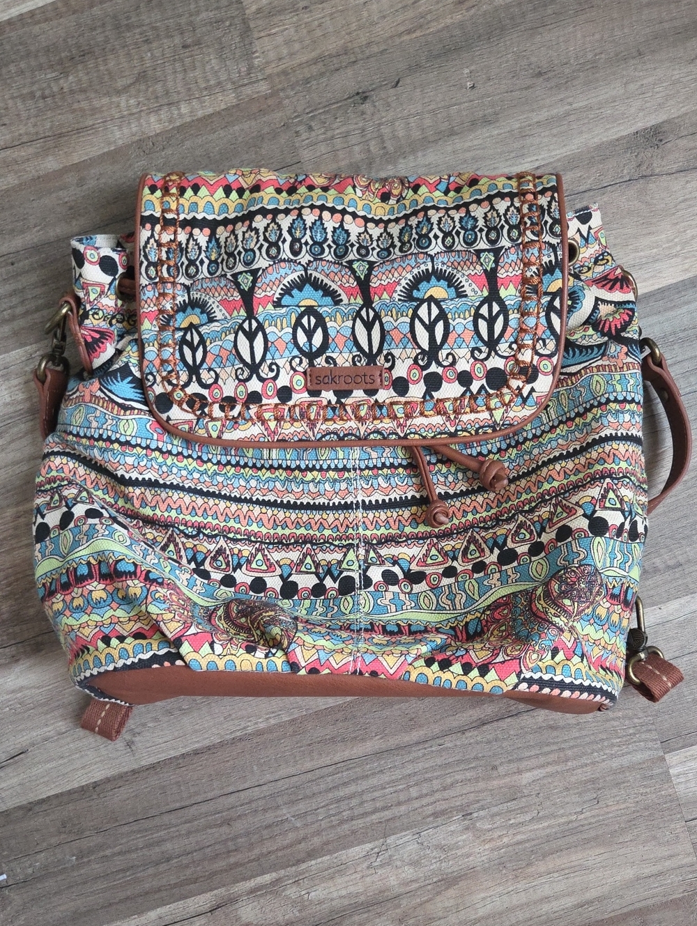 Sakroots Multicolor Bohemian Canvas Convertible Backpack with Vegan Leather Trim